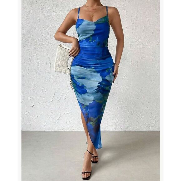 NEW Printed Bodycon Midi Cami Side Slit Mesh Layered Dress L 12/14 - Picture 3 of 7